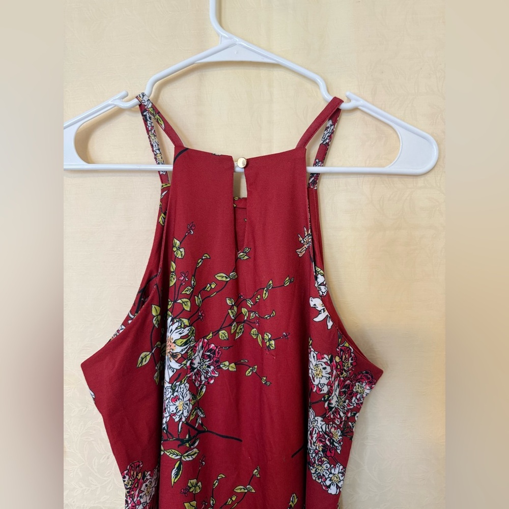 Burgundy Floral Print Dress, Women’s Size Medium, High Neck, Stretchy Knit Dress - Picture 6 of 8